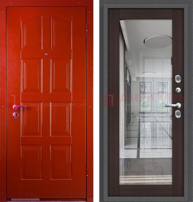 Красная металлическая дверь с МДФ и зеркалом ДЗ-136 в Химках